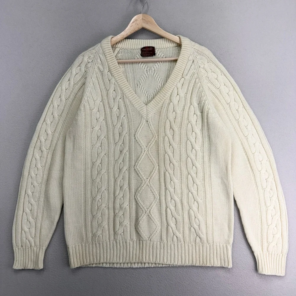 Vintage 80s Kinsport Cricket Sweater sz Large Cream‎ Fisherman V-Neck Cable Knit